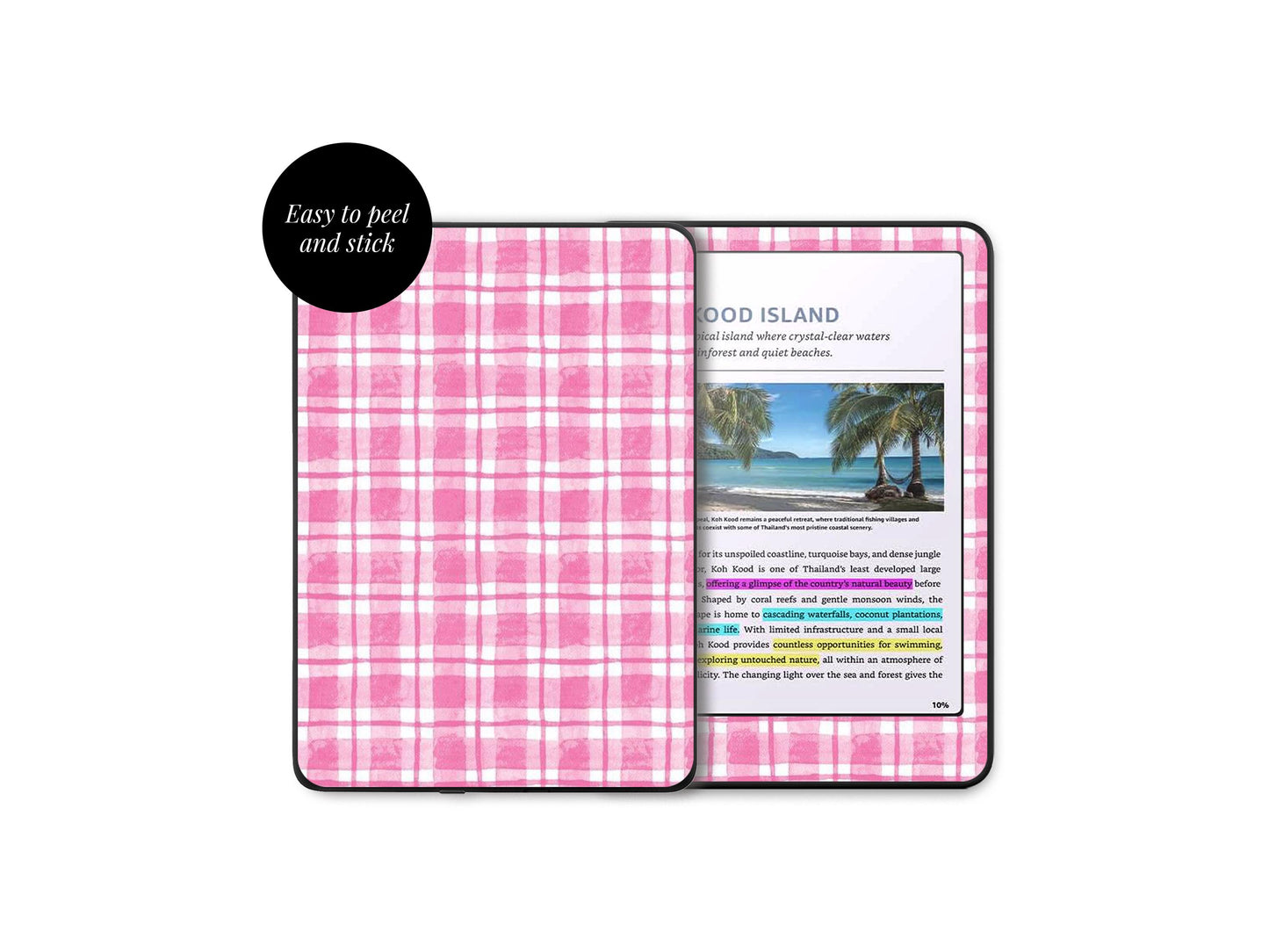 Autocollant rose à carreaux pour Kindle | Housse en vinyle pour Kindle | Cadeau pour les lecteurs | Accessoire pour liseuse