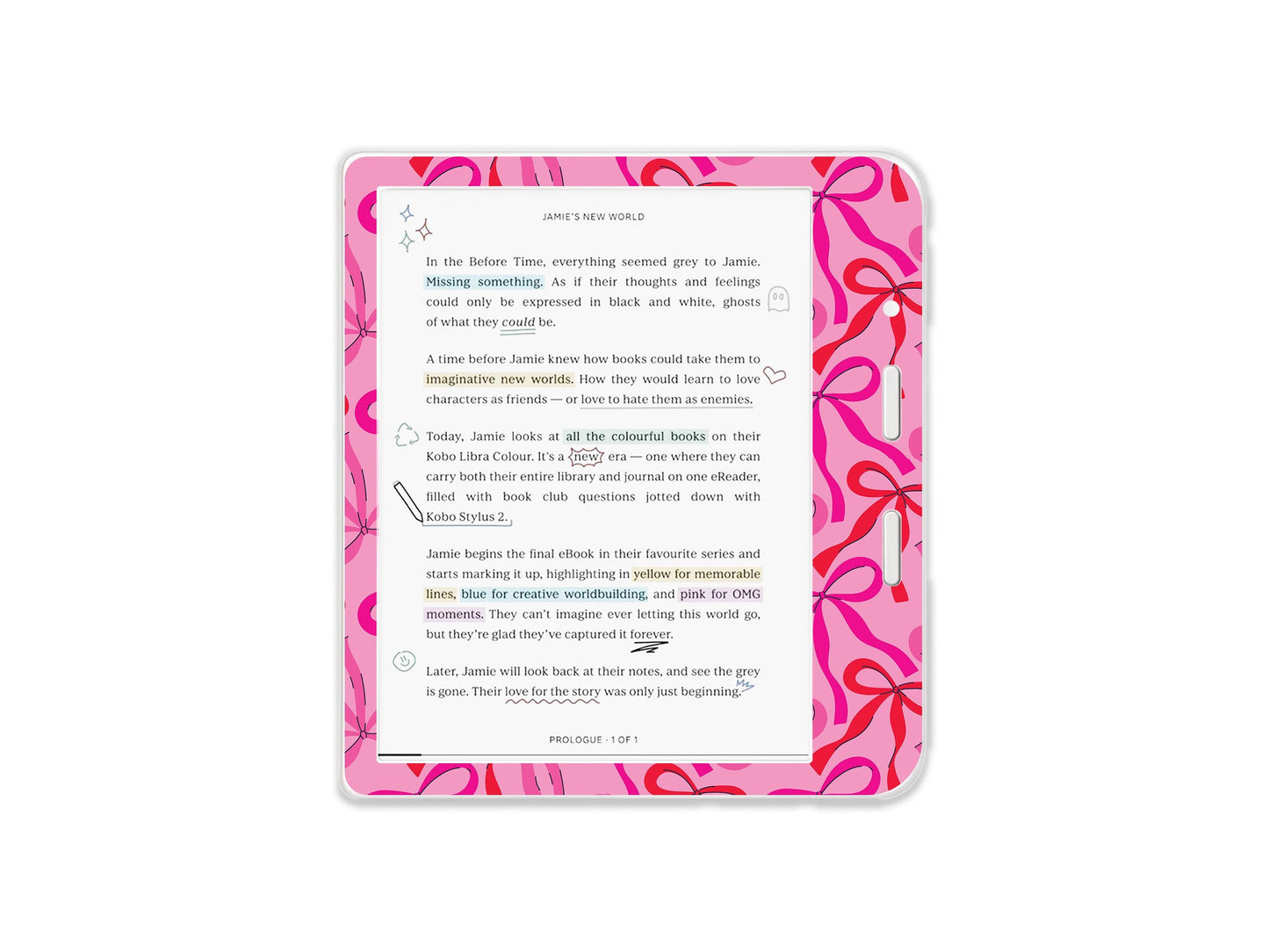Autocollant décoratif Kobo nœuds roses | Habillage vinyle Kobo | Cadeau littéraire | Accessoire de liseuse