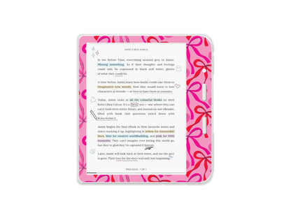 Autocollant décoratif Kobo nœuds roses | Habillage vinyle Kobo | Cadeau littéraire | Accessoire de liseuse